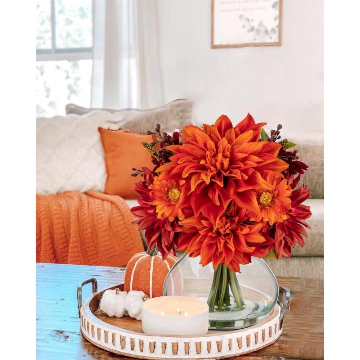 Dalia Kunstbloemen als echt in ovale glazen vaas met kunstwater, decoratieve bloemen, chrysant bloemstuk voor thuis, woonkamer, badkamer, herfst, decoratie