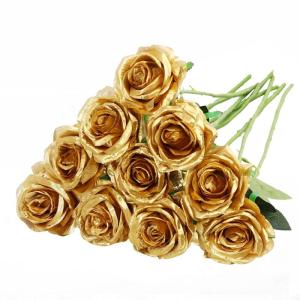 Kunstmatige Zijde Roos Bloem Boeket Levensechte Nep Roos voor Bruiloft Thuis Party Decoratie Evenement Gift 10 stks (Goud)