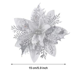 GL-Turelfies 12 STK. Glitzer Weihnachtsblumen (15cm/5,9'') mit 12 STK. Clips Künstliche Weihnachtsstern Blumen Weihnachtsbaum Blumenschmuck Weihnachtsbaum Ornamente (Silber)