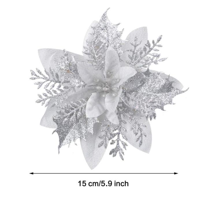 GL-Turelfies 12 STK. Glitzer Weihnachtsblumen (15cm/5,9'') mit 12 STK. Clips Künstliche Weihnachtsstern Blumen Weihnachtsbaum Blumenschmuck Weihnachtsbaum Ornamente (Silber)