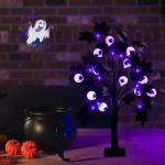 Halloween Dekor Innen Schwarz Ahornblatt Baum Lichter mit 24 LEDs,Halloween Deko Gruselig Lichterbaum mit LED Spinnenlicht,Birkenbaum mit Timer für Halloween Decoration Tischlicht