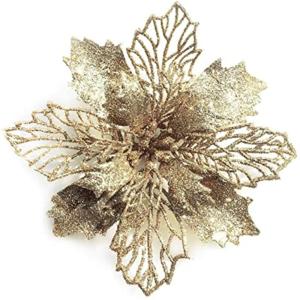 24 Stück Weihnachtsblumen für Weihnachtsbaumdeko, Weihnachten Funkeln Weihnachtsstern Blumen mit Clips für Hochzeit Weihnachtsbaum Neujahr Ornamente (Champagner,9 cm)