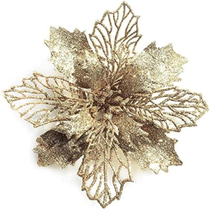 24 Stück Weihnachtsblumen für Weihnachtsbaumdeko, Weihnachten Funkeln Weihnachtsstern Blumen mit Clips für Hochzeit Weihnachtsbaum Neujahr Ornamente (Champagner,16 cm)
