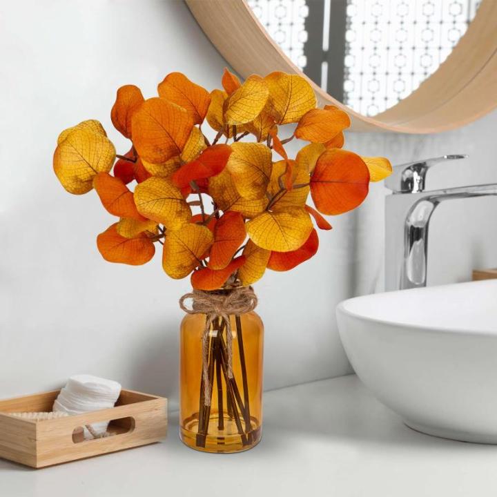 35 cm kunstmatige eucalyptus takken met amber glazen vaas, eucalyptus kunststof plant eucalyptus realistische eucalyptus decoratie zilveren dollar voor bruiloft, tafeldecoratie, ka