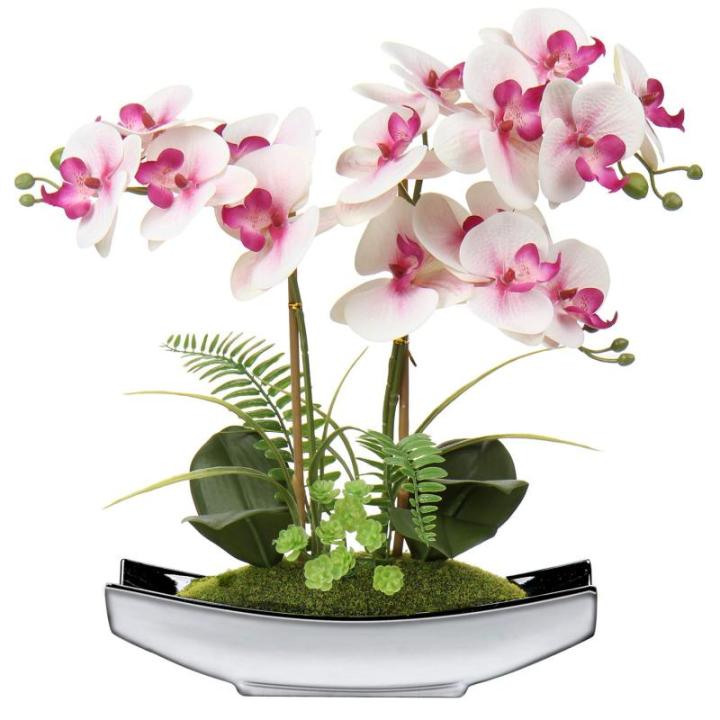 Phalaenopsis Kunstmatige Orchidee in pot, zilverkleurig, 38,1 cm, kunstbloem voor tafelopzetstuk, woonkamer, woondecoratie