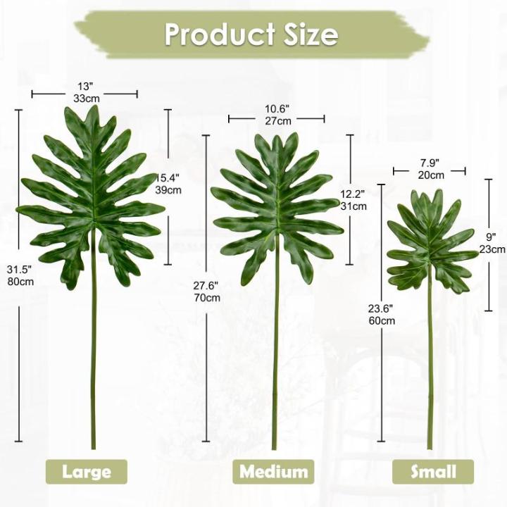 3 stuks grote kunstmatige monsterabladeren met lange steel voor vaas nep tropische planten plastic gespleten palmbladeren realistische Philodendron-bladeren voor thuis bruiloft fee