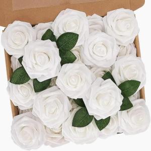 Kunstbloemen, rozen, 25 stuks, kunstrozen met steel, doe-het-zelf decoratie, voor bruiloft, bruidsfeest, feesttafels, boeketten, bruid, woondecoratie, wit