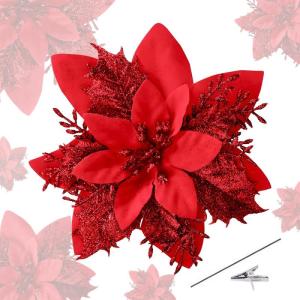 15 stuks 14 cm kunstmatige kerstster bloemen glitter met clips stengels kerstboom ornamenten voor krans feest bruiloft Nieuwjaar decoratie (rood)