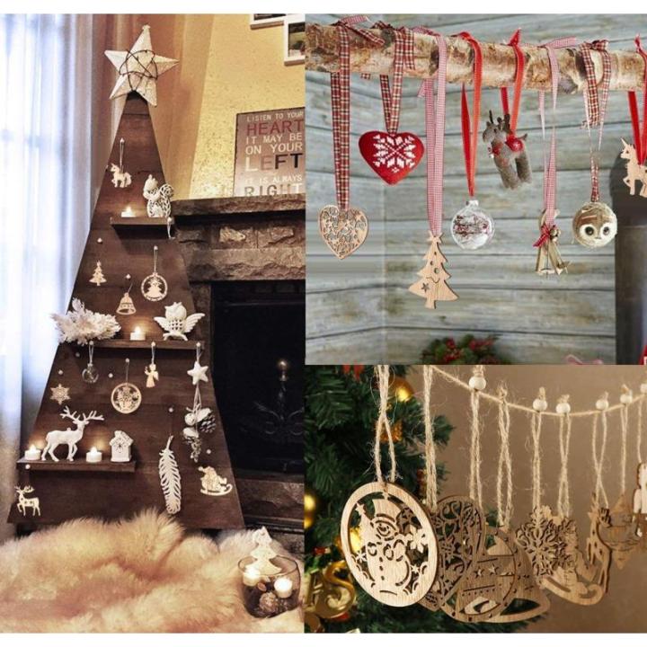 Houten Kerstornamenten, 12-delige Houten Kerstdecoratie Hanger met Houten Hhanger Sneeuwvlok Boomversiering,Kerst Hout,Hangende Houten Kerstboomversiering met Houten Doos