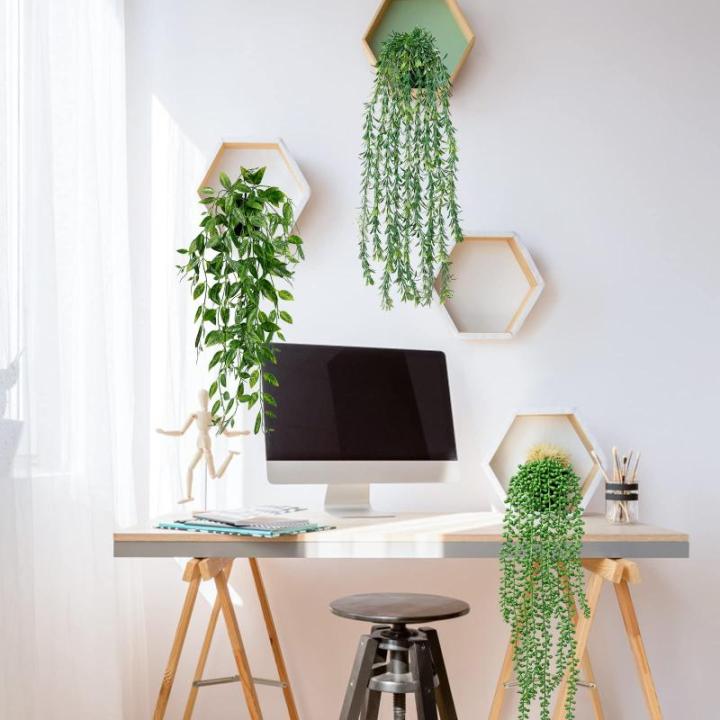 3 stuks kunstmatige hangplanten, eucalyptus, bladeren met potten, 63 cm lang, onderhoudsvrije kunstvetplanten, voor tuin, binnen en buiten (vetplanten)