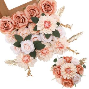 Champagne Kunstbloem Combo Nep Rose Faux Dahlia Bloemen met Stengels voor DIY Bruiloft Bruids Boeket Party Woondecoraties (champagne)