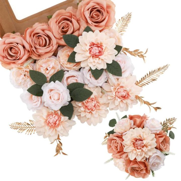Kunstbloem Combo Nep Rose Faux Dahlia Bloemen met Stengels voor DIY Bruiloft Bruids Boeket Party Woondecoraties (geel)