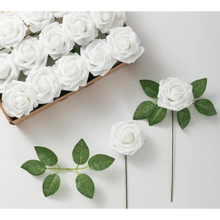 25 stks Echt uitziende Nep Rose Hoofd, Faux Bloemen Realfor DIY Bruiloft Boeketten Centerpieces Arrangementen Party Home Decorations, Wit