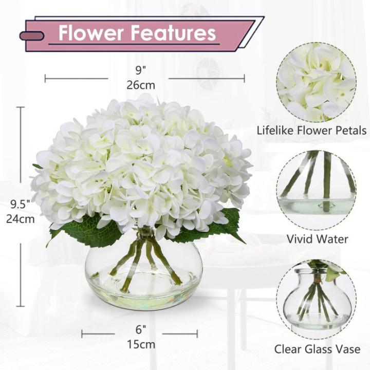met 4 hortensia's in glazen vaas, kunstmatige hortensia, 3D-print, echt aanvoelend, ziet eruit als echte hortensia, voor bruiloft, thuis, hotel, feest, bloemenarrangement