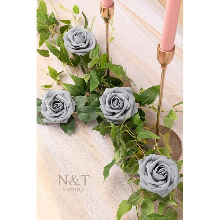 Kunstbloemen, rozen, 25 stuks, kunstbloemen, schuimrozen, namaakrozen met steel, doe-het-zelf, bruiloft, boeketten, bruid, woondecoratie, grijs