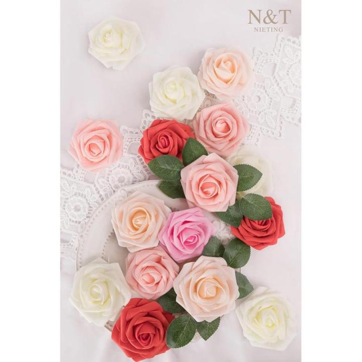 Künstliche Rosen Blume, 30 Stück Deko Blumen Fake Rosen mit Stielen DIY Hochzeit Blumensträuße Braut Zuhause Dekoration, Dunkelrot