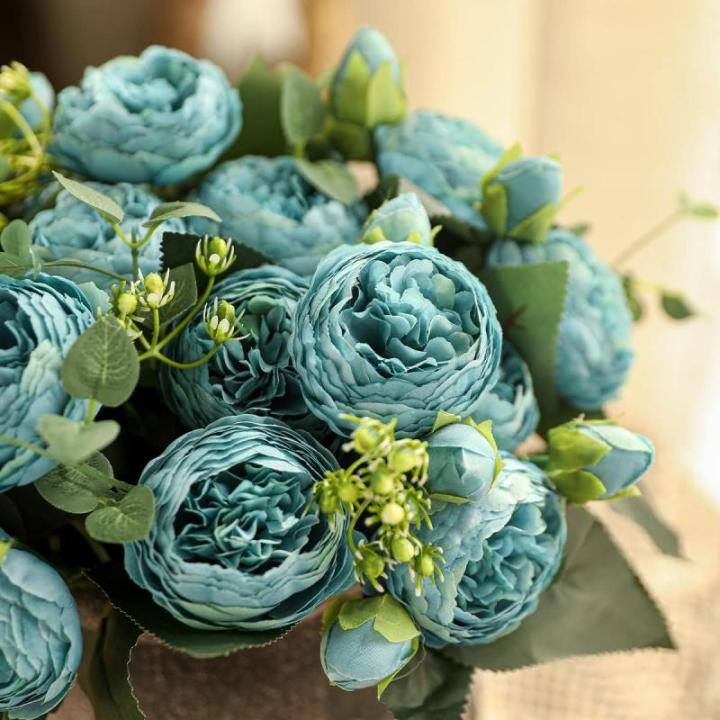 4 bundels pioenroos, kunstroos met 20 koppen, namaakpioenroos, zijde, bloemen, boeketten voor bruiloft, thuis, tafel, feest, raamdecoratie, blauw