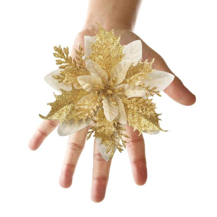 GL-Turelfies 12 STK. Glitzer Weihnachtsblumen (15cm/5,9'') mit 12 STK. Clips Künstliche Weihnachtsstern Blumen Weihnachtsbaum Blumenschmuck Weihnachtsbaum Ornamente (Gold)