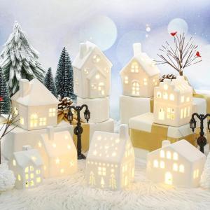 26 stuks keramische kerstdorpset 8 LED kersthuizen 16 kerstbomen voor boerderij 2 straatlantaarns kerstscène decoratie wit porselein kerstdecoratie figuren voor tafel