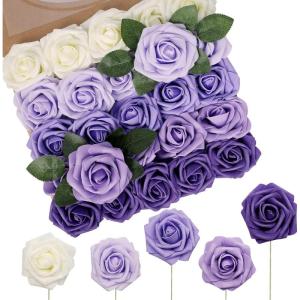 Kunstbloemen, 50 stuks, kunstschuim, rozen, paarse bloemen met stengels, lavendel, voor doe-het-zelf bruiloft, bruidsmeisje, bruidsboeket, middenstuk, feest, binnendecoratie (serie