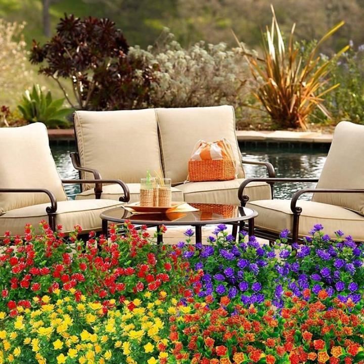 Kunstbloemen voor buiten, uv-bestendig, , bloemen in grote hoeveelheden voor het ophangen van plantenbakken, buiten, veranda, vaas, thuis, raamdecoratie, 6 bundels, rood