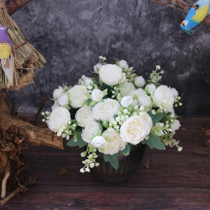 Simulation Blumenstrauß,Künstlicher Blumenstrauß Pfingstrose, 5er-Bouquet, echte Seidenblumen mit Stiel, cremefarbene Kunstblumen als Dekoration in großen Mengen(White)
