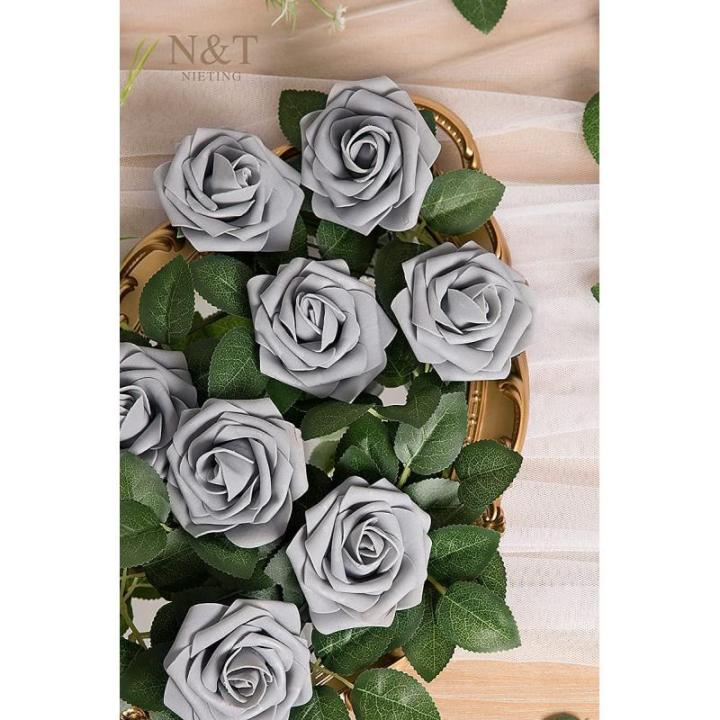 Kunstbloemen, rozen, 25 stuks, kunstbloemen, schuimrozen, namaakrozen met steel, doe-het-zelf, bruiloft, boeketten, bruid, woondecoratie, grijs