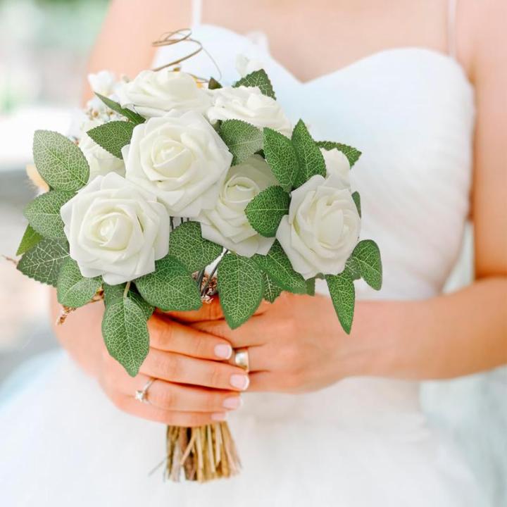 Kunstbloemen, wit, rozen, 30 stuks, 8 cm, boeket, kunstdecoratie, bloemen, kunstrozen met stelen en kaart voor Valentijnsdag, tuin, verjaardag, feest, doe-het-zelf bruiloftsdecorat