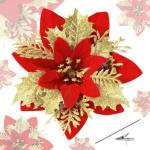 15 stuks 14 cm kunstmatige kerstster bloemen glitter met clips stengels kerstboom ornamenten voor krans feest bruiloft Nieuwjaar decoratie (rood gouden)
