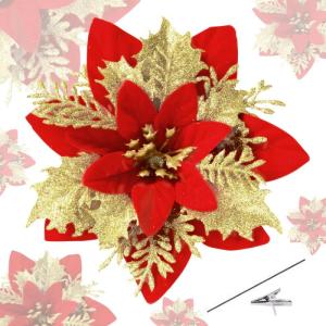 15 stuks 14 cm kunstmatige kerstster bloemen glitter met clips stengels kerstboom ornamenten voor krans feest bruiloft Nieuwjaar decoratie (rood gouden)