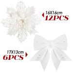 12 stuks glitter kerstster bloemen met 6 stuks glitter kerststrikken decoratie kerstboomversiering kerstdecoratie voor kerstboom Nieuwjaar decoraties