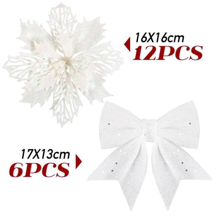 12 stuks glitter kerstster bloemen met 6 stuks glitter kerststrikken decoratie kerstboomversiering kerstdecoratie voor kerstboom Nieuwjaar decoraties