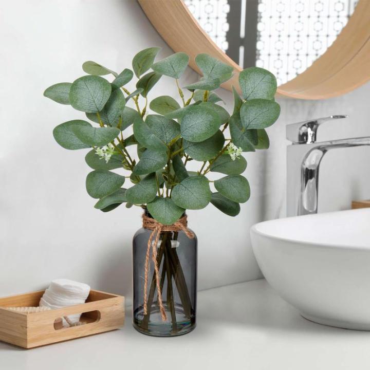 35 cm kunstmatige eucalyptus-takken met zwarte glazen vaas, eucalyptus-kunststof plant, eucalyptus, , realistische eucalyptus, decoratie, zilverdollar voor bruiloft, tafeldecoratie