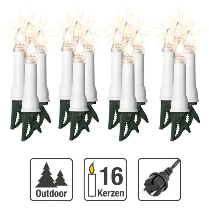 Lichtketting kaarsen kerstboom, kaarsen lichtketting buiten met clip, 16 lampen, verlichte lengte 675 cm, afstand 45 cm, schacht wit, voedingskabel 1,5 m, voor buiten met stekker 6