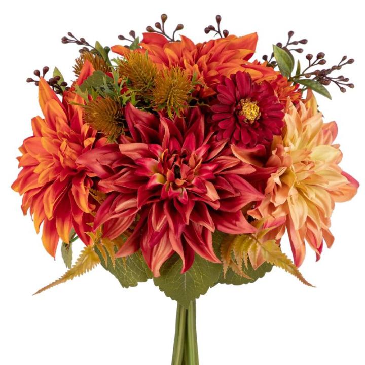 Kunstbloem kunstboeket kunstplant bloemstukken set van 2 hortensia rozenboeket hoogte 30 cm decoratieve plant voor arrangementen feestdag tafel of bruiloft (oranje rood, 1 stuks)