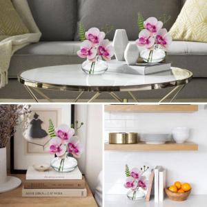 Set van 3 kunstmatige orchideeën in glazen vaas, roze orchideeën nepbloemen in kunstwater voor decoratie kunstplant voor woonkamer badkamer kantoordecoratie