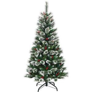 150/180/210/240 cm kunstkerstboom met rode bessen, sneeuwbedekte dennenboom met metalen standaard, pvc- en dennennaalden, kunstboom, kerstklapsysteem (150 cm)