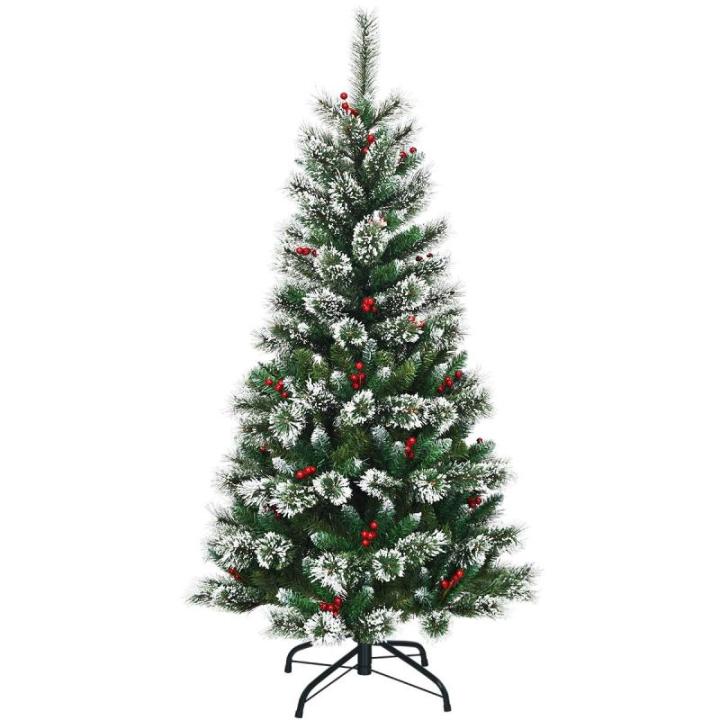 150/180/210/240 cm kunstkerstboom met rode bessen, sneeuwbedekte dennenboom met metalen standaard, pvc- en dennennaalden, kunstboom, kerstklapsysteem (150 cm)