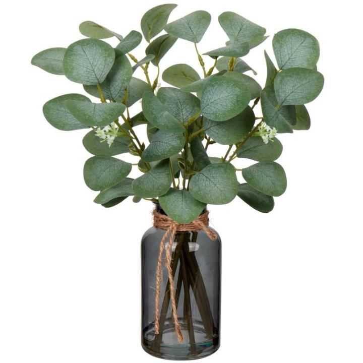 35 cm kunstmatige eucalyptus-takken met zwarte glazen vaas, eucalyptus-kunststof plant, eucalyptus, , realistische eucalyptus, decoratie, zilverdollar voor bruiloft, tafeldecoratie