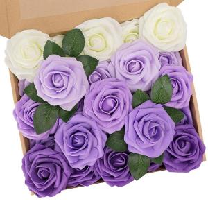 Kunstbloemen, rozen, 25 stuks, kunstrozen met steel, doe-het-zelf decoratie, voor bruiloft, boeketten, bruid, woondecoratie, serie violet