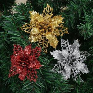 Poinsettia Kerstbloem, 20 stuks, glitter, kerststerren, bloemen met clips, voor kerstboomdecoraties, kerstbloemen voor Kerstmis, tuin, Nieuwjaar, kransen, paars