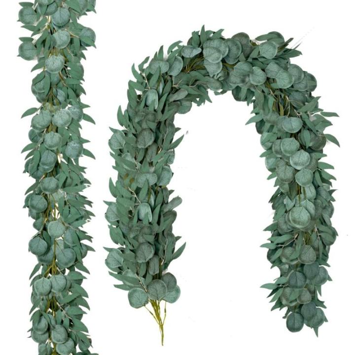 2 stuks kunstmatige eucalyptus slingers stam bladeren takken, 15 voet nep eucalyptus bladeren wijnstokken voor bruiloft tafel achtergrond boog muur decor deuropeningen decoratie bi
