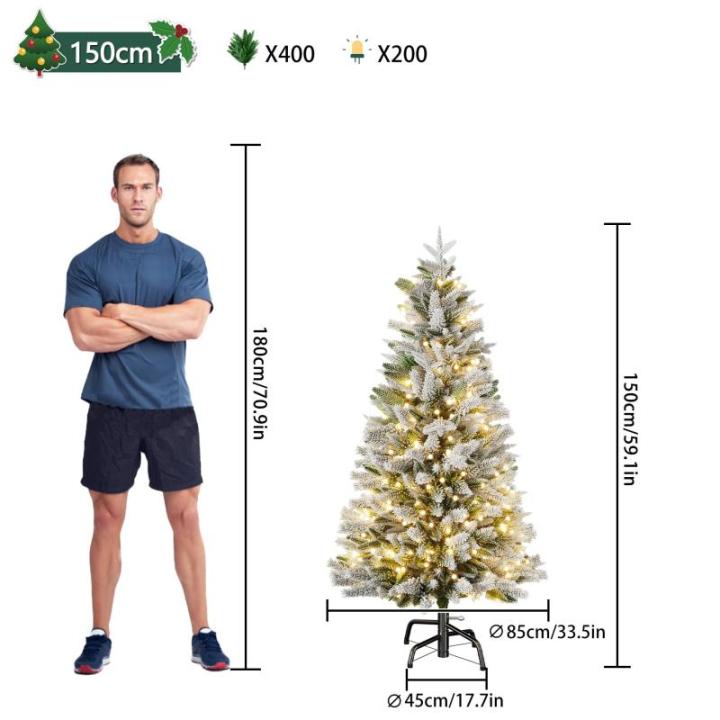 Kunstkerstboom met 200 ledverlichting, 150 cm premium dennenboom, kunstkerstboom met natuurwitte sneeuwvlokken, 400 takpunten, van PE en pvc dennennaalden, snel op te bouwen, klaps