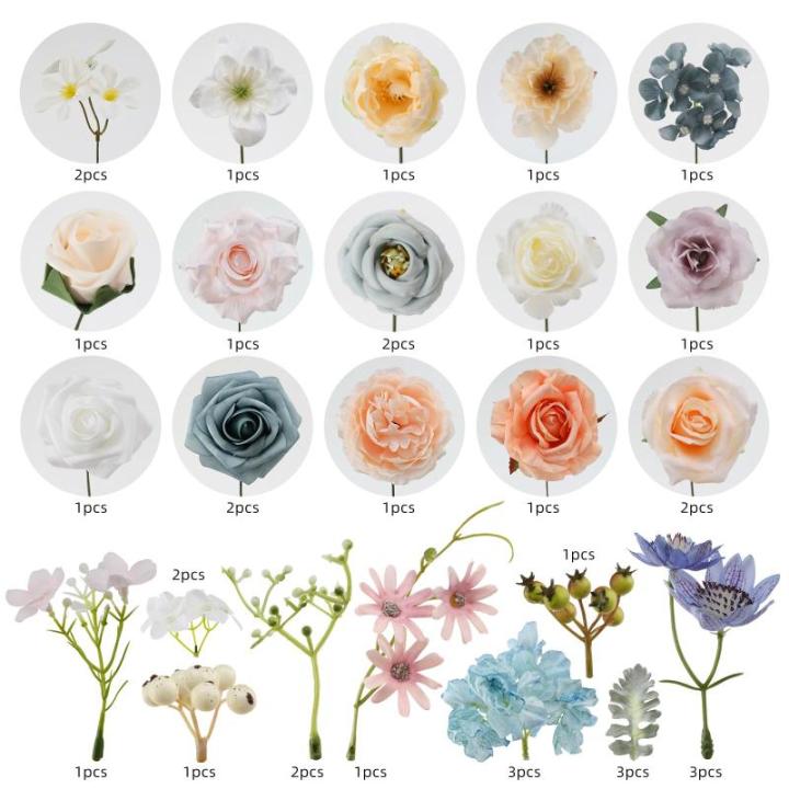 Künstliche Blumen Combo Fee Blau Blumen Mix Seidenblumen Gefälschte Rosen mit Stielen für DIY Hochzeit Brautsträuße Babyparty Blumenarrangement Tischaufsätze Heimdekorationen