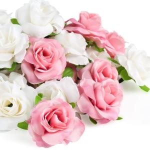 Kunstbloemkoppen, 50 stuks, kunstbloemen, rozen, voor bruiloft, feest, decoratie, doe-het-zelf (diameter 4 cm, wit en roze)