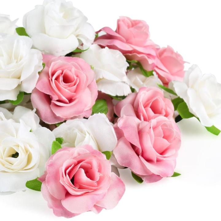 Kunstbloemkoppen, 50 stuks, kunstbloemen, rozen, voor bruiloft, feest, decoratie, doe-het-zelf (diameter 4 cm, wit en roze)
