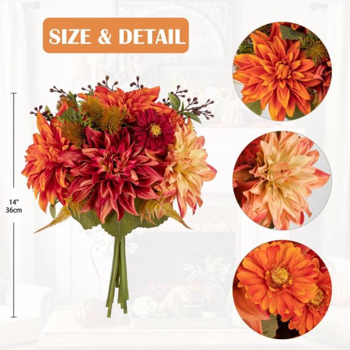 Kunstbloem kunstboeket kunstplant bloemstukken set van 2 hortensia rozenboeket hoogte 30 cm decoratieve plant voor arrangementen feestdag tafel of bruiloft (oranje rood, 1 stuks)
