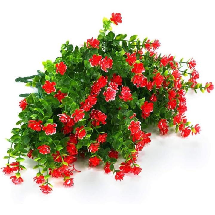Kunstbloemen voor buiten, uv-bestendig, , bloemen in grote hoeveelheden voor het ophangen van plantenbakken, buiten, veranda, vaas, thuis, raamdecoratie, 6 bundels, rood