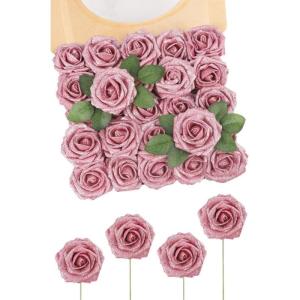 Kunstglitterbloemen, 25 stuks kunstrozen, doe-het-zelf bloemen met steel, voor bruiloft, boeketten, middenstukken, arrangement, feest, babyshower en woondecoratie (roze)