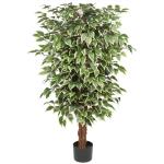 Benjamini Ficus, , grote kunstboom, kamerplant, decoratie met echte houten stam, voor kantoor, decoratie, slaapkamer, eetkamer, binnen, buiten, groen/wit, 123 cm